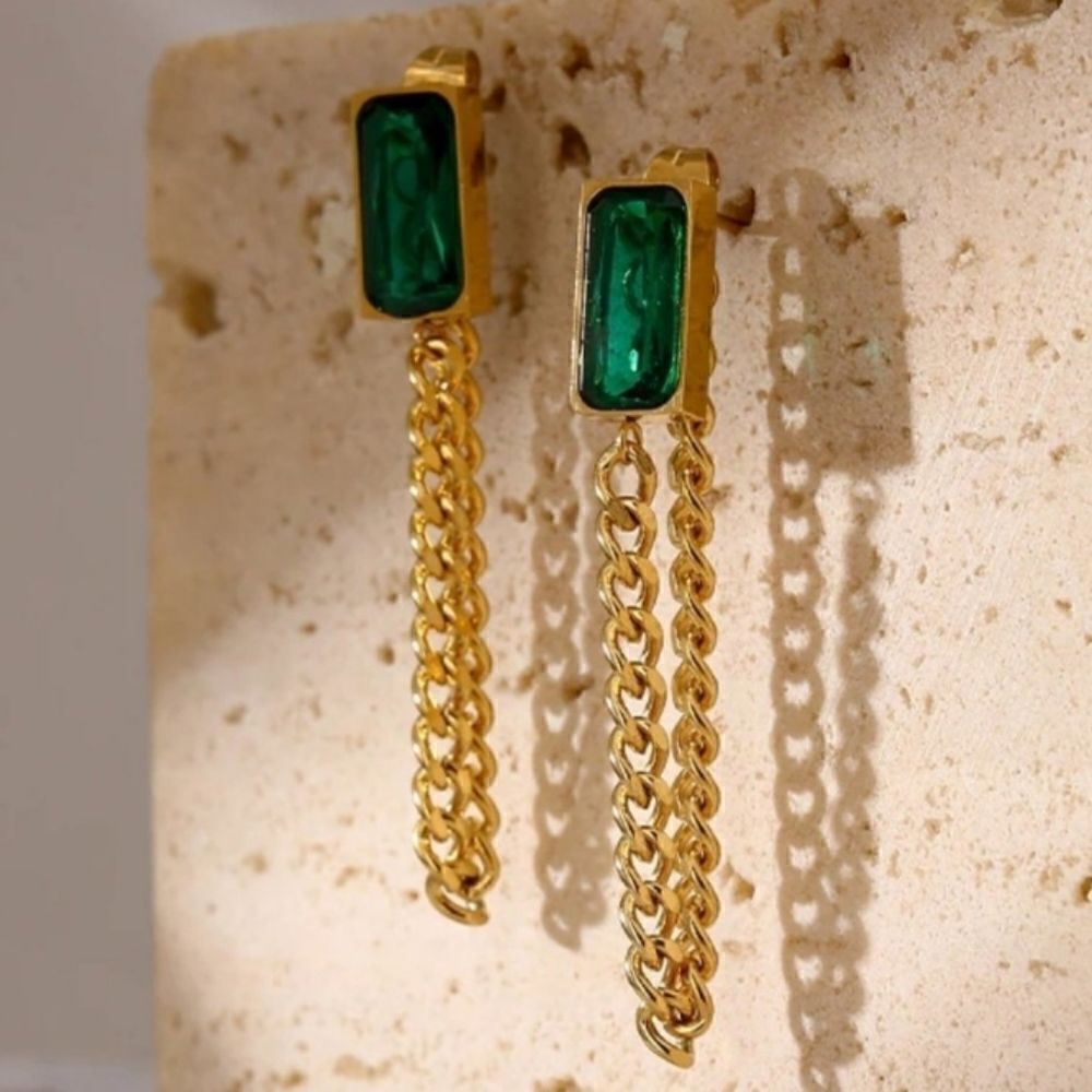 18K Gold Plated Green Crystal Chain Earrings